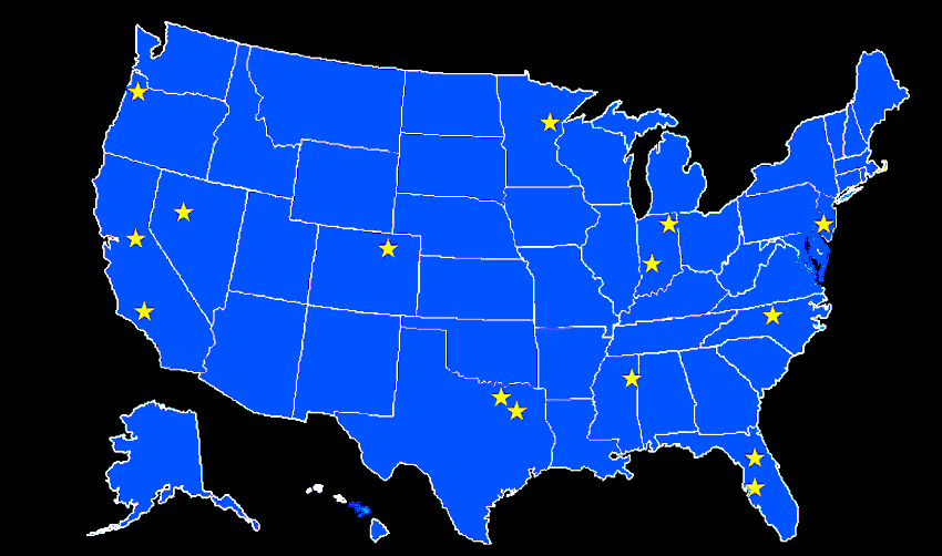 A United States map with stars indicating the location of sanctuaries