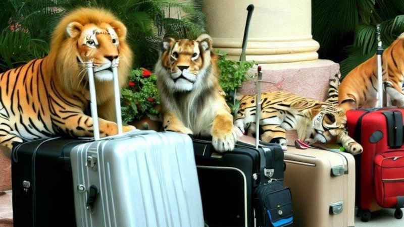 AI-generated image of big cats with suitcases at hotel entrance
