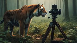 A curious tiger sniffs an old camera on a tripod (AI generated)
